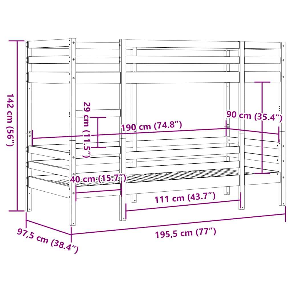 Krevet na kat 90 x 190 cm od masivne borovine
