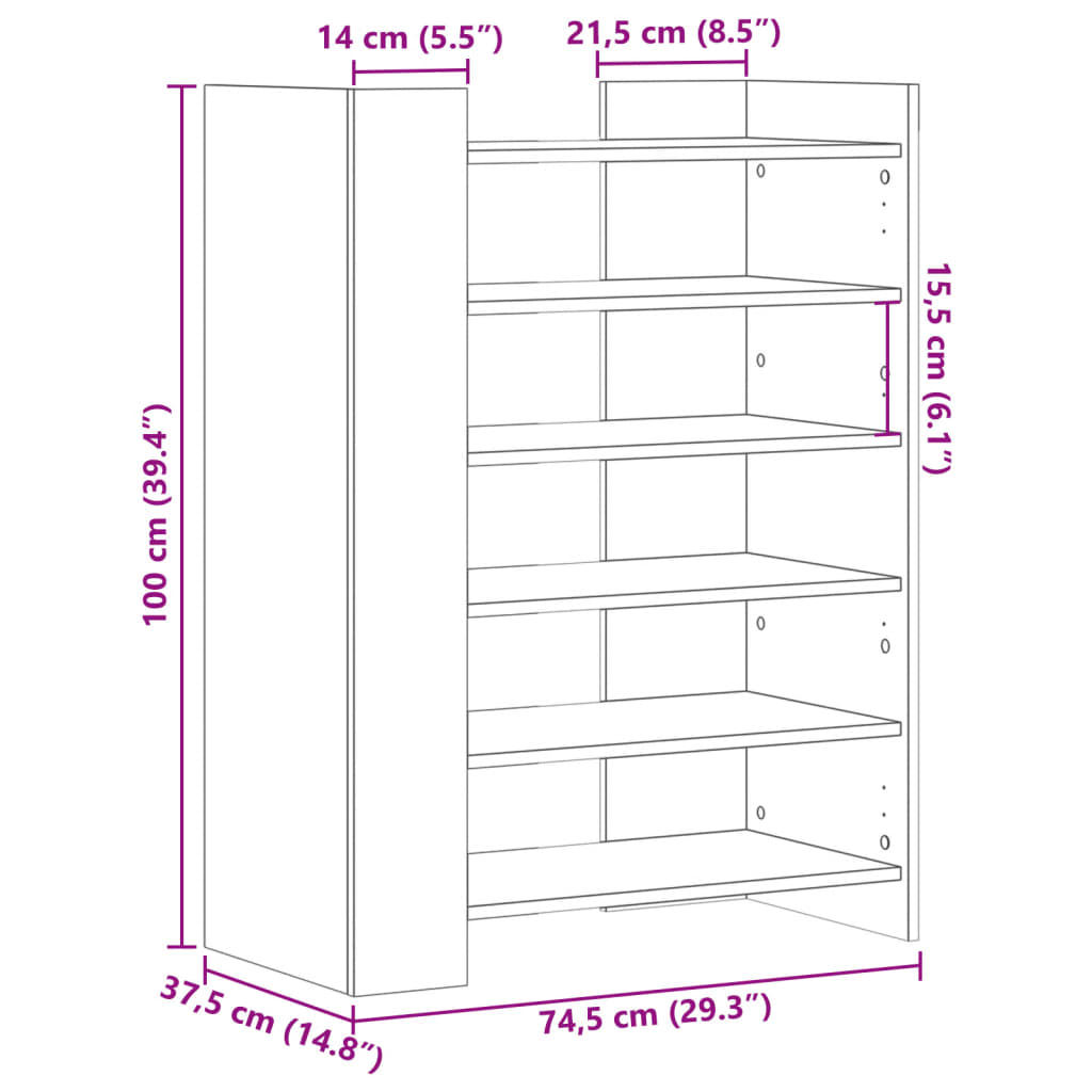 Ormarić za cipele boja hrasta 74,5x37,5x100cm konstruirano drvo