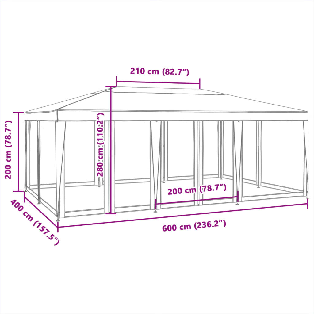 Šator za zabave s 10 mrežasta bočna zida bijeli 6x4 m HDPE