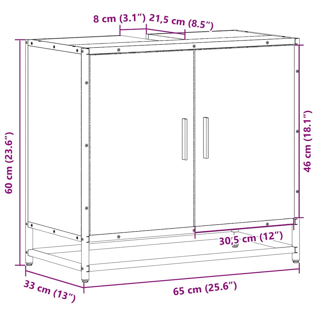 Kupaonski ormarić za umivaonik sivi Sonoma 65x33x60 cm