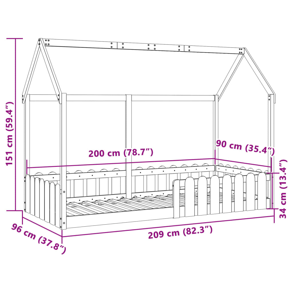 Okvir kreveta za dječju kućicu 90 x 200 cm od masivne borovine