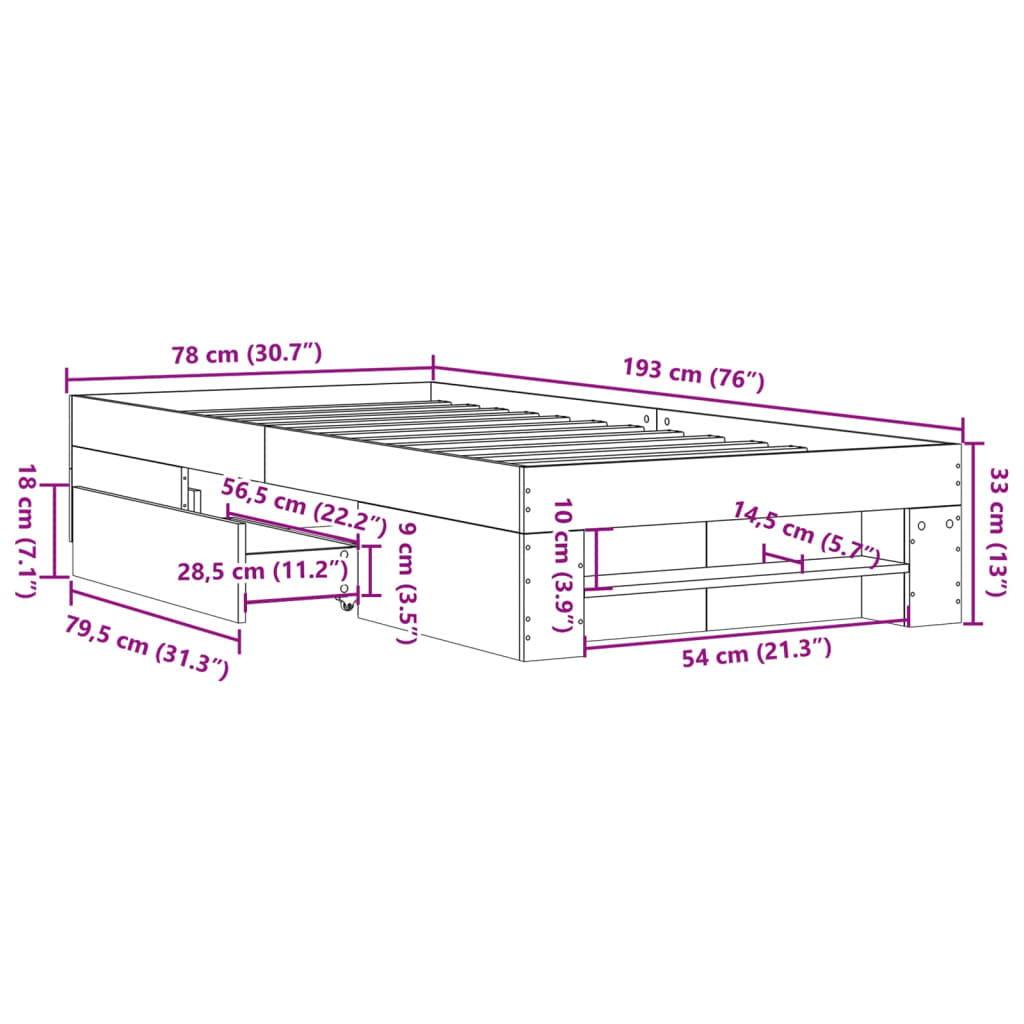Okvir za krevet boja hrasta 75 x 190 cm od konstruiranog drva