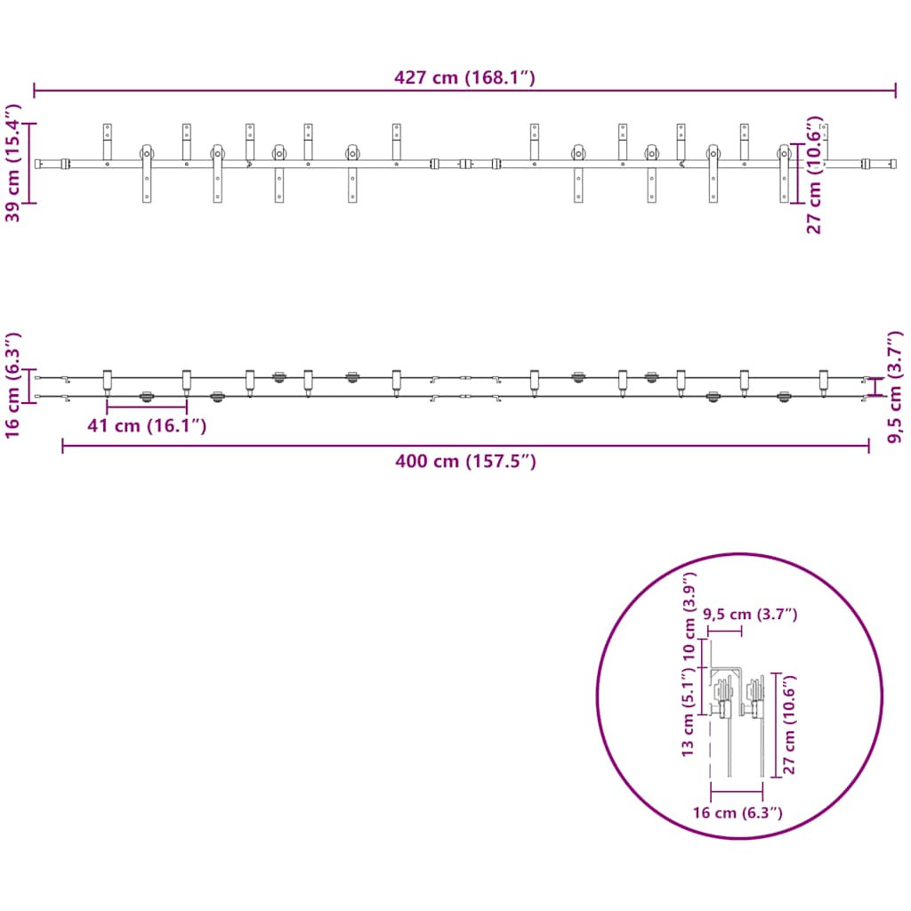 Pribor za klizna vrata 427 cm čelični crni