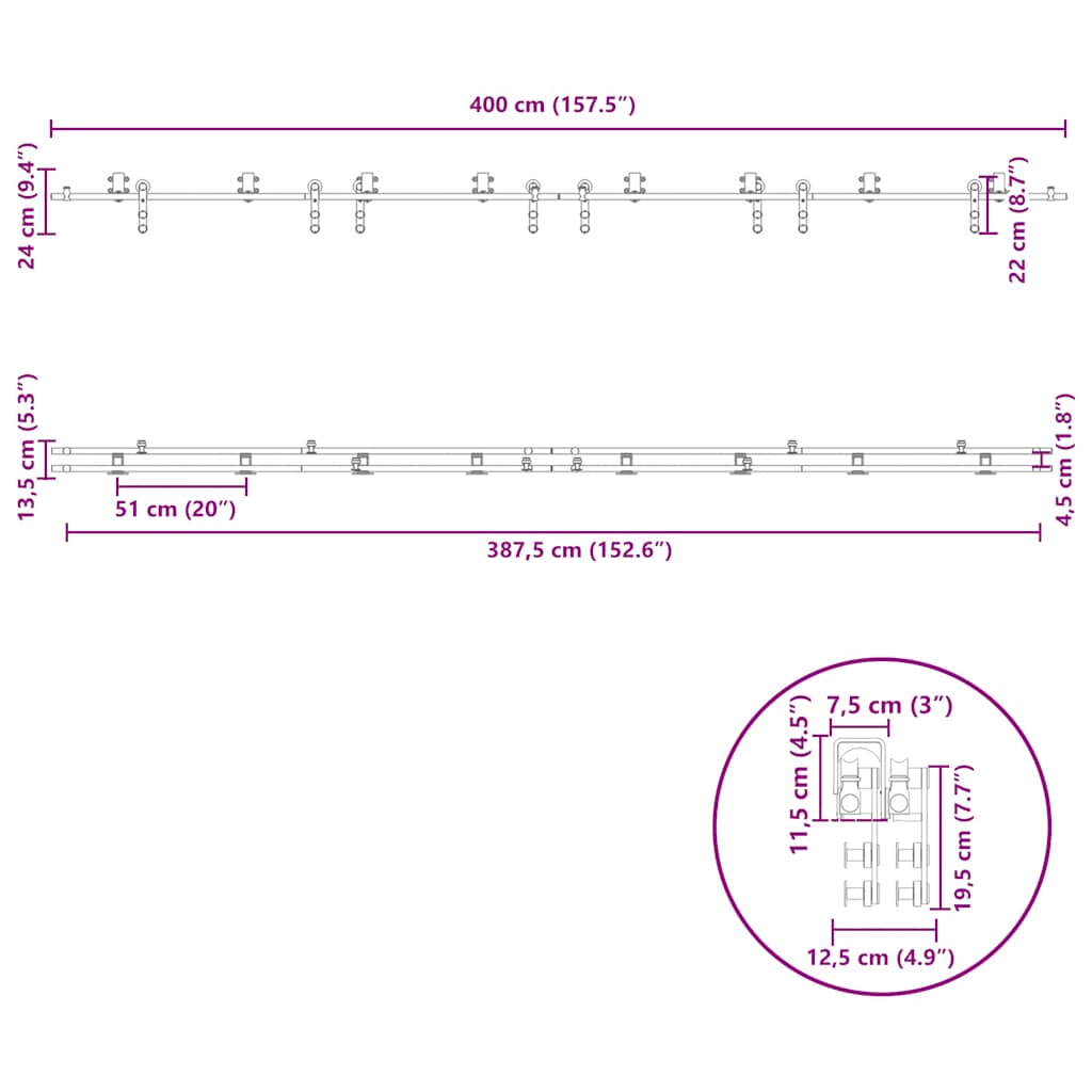 Pribor za klizna vrata od nehrđajućeg čelika 400 cm srebrni