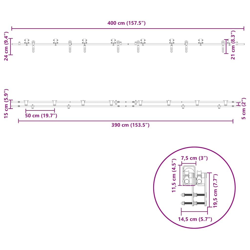 Pribor za klizna vrata od nehrđajućeg čelika 400 cm srebrni