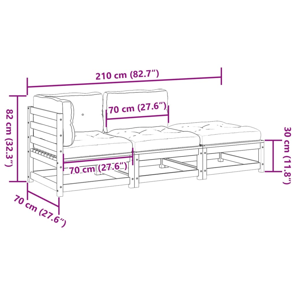 3-dijelni set vrtnih sofa od masivne borovine s jastucima