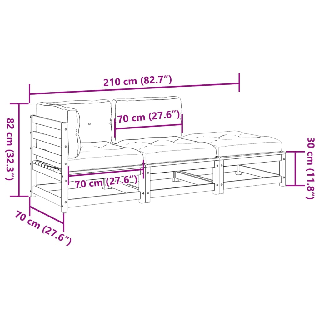 3-dijelni set vrtnih sofa od masivne borovine s jastucima