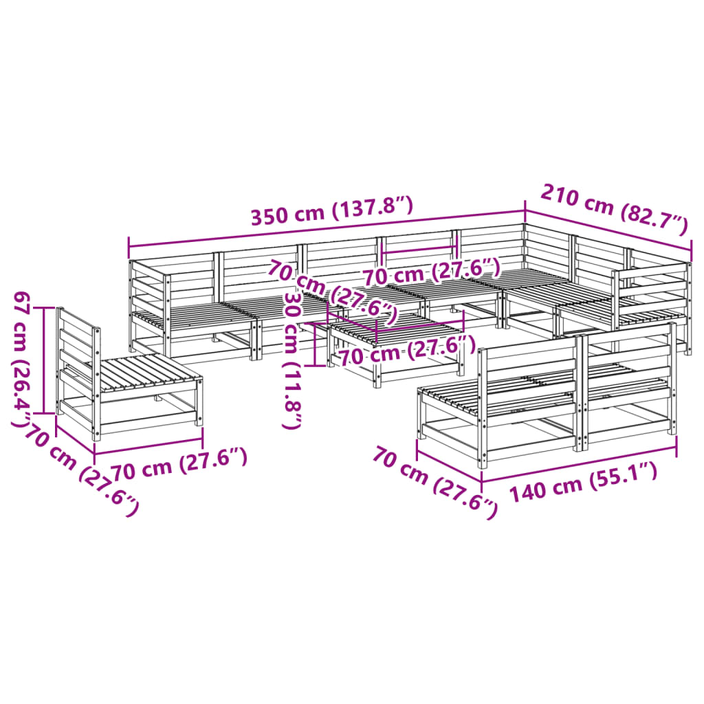 11-dijelna set vrtnih sofa od masivne borovine