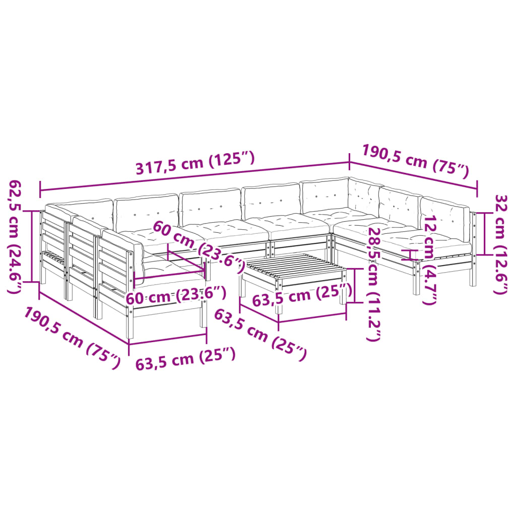 10-dijelni set vrtnih sofa s jastucima od impregnirane borovine