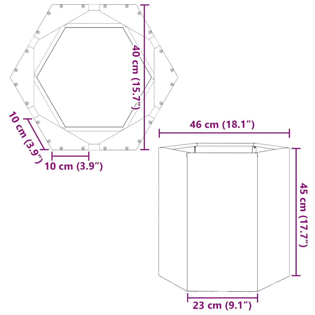 Vrtne sadilice 2 kom šesterokutna 46x40x45 m vremenski čelik