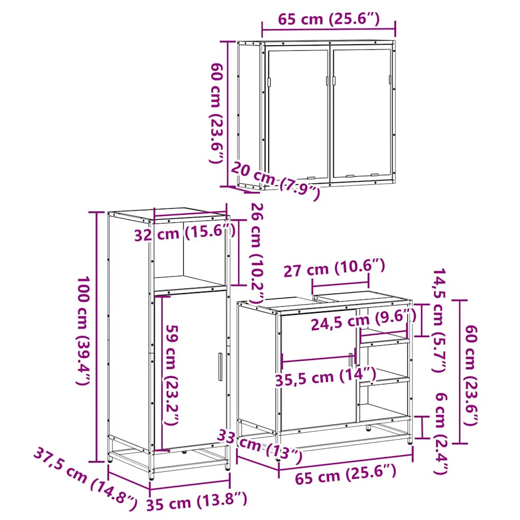 3-dijelni set kupaonskog namještaja siva boja hrasta drveni