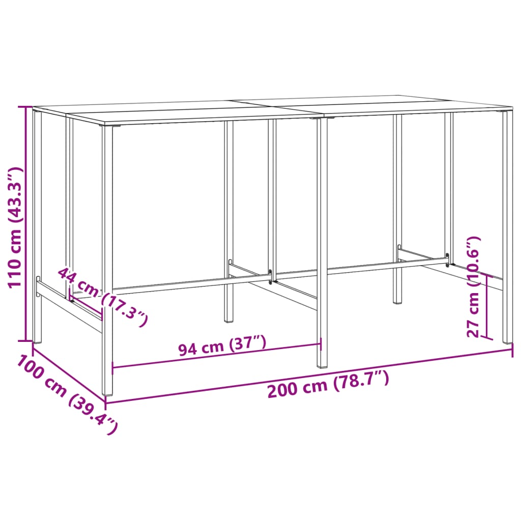 Barski stol crni 200x100x110 cm od čelika obloženog prahom