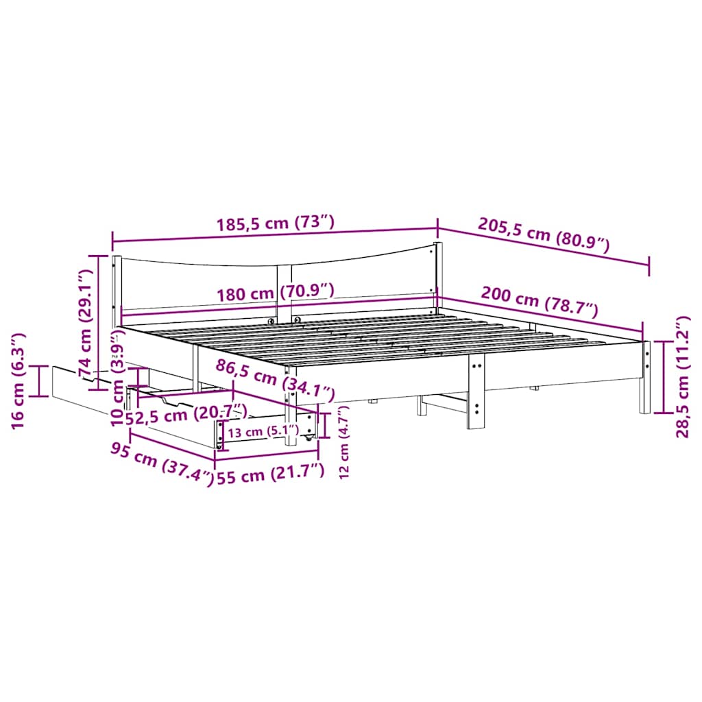 Okvir za krevet s ladice bijeli 180x200 cm od borovine