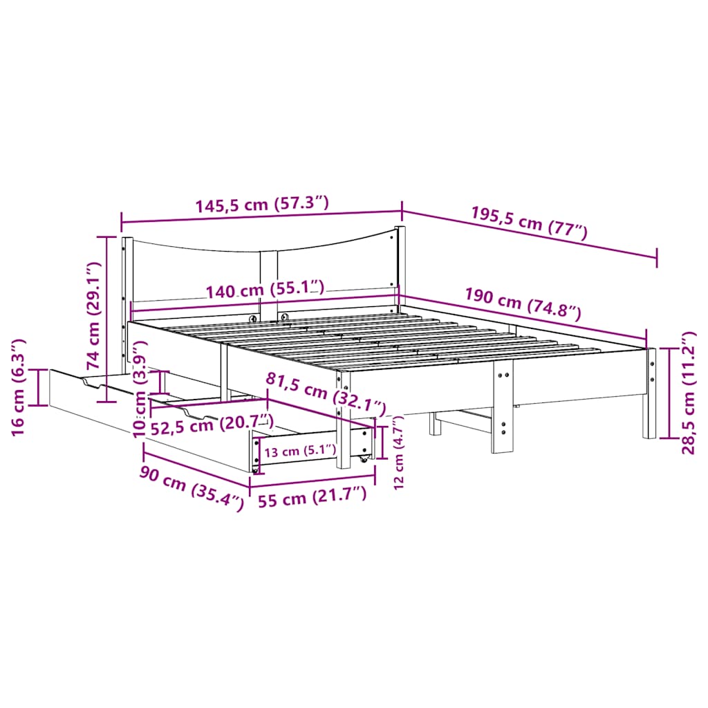 Okvir za krevet s ladicama bijela 140x190 cm od masivnog drva