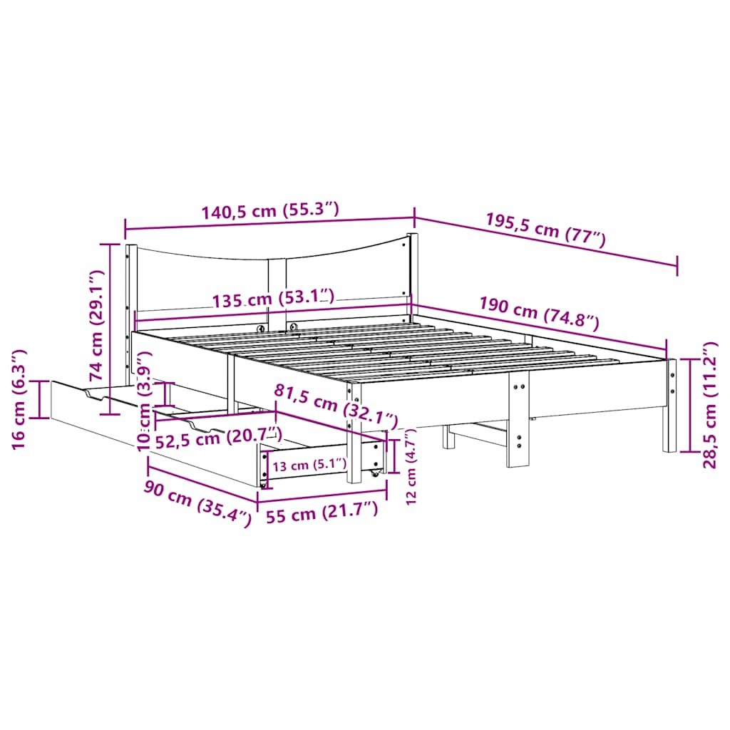 Okvir za krevet s ladicama bijeli 135 x 190 cm od borovine