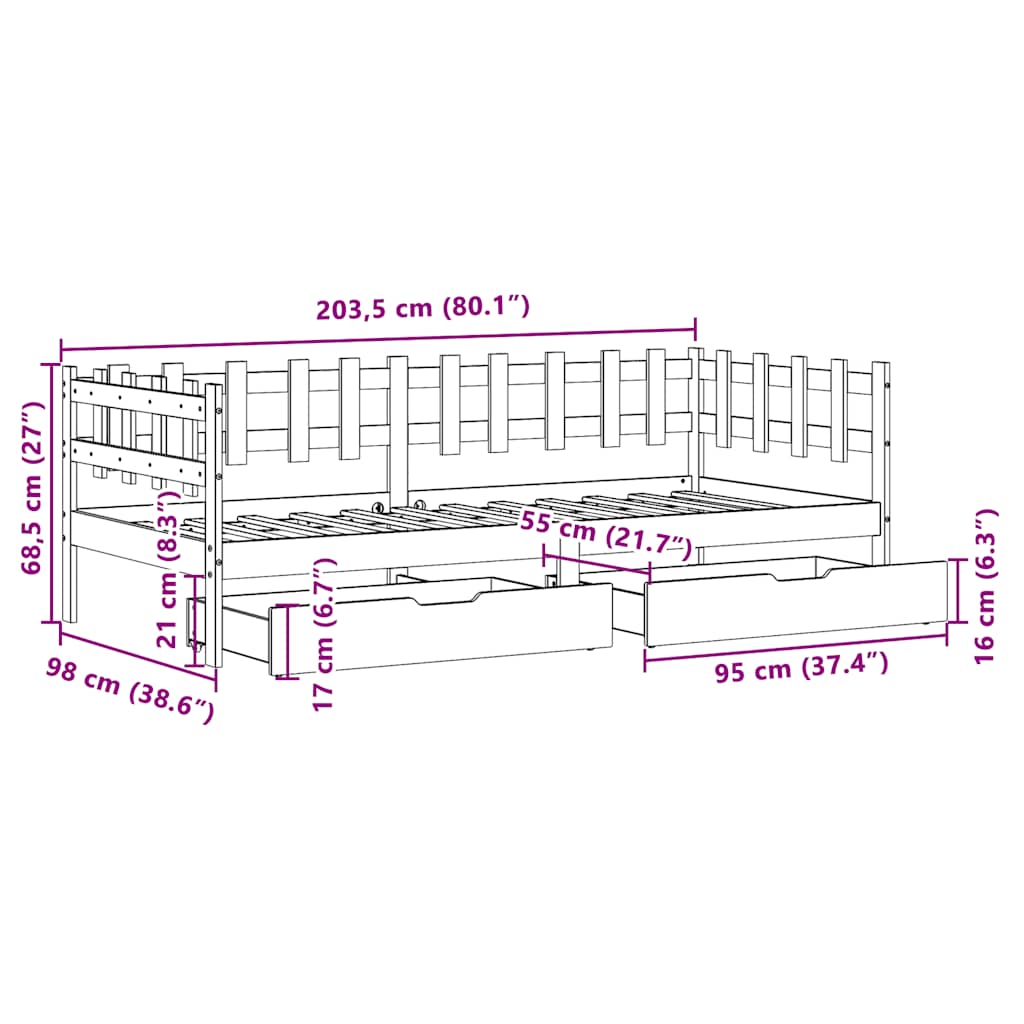 Dnevni krevet s ladicama bez madraca 80x200 cm masivno drvo