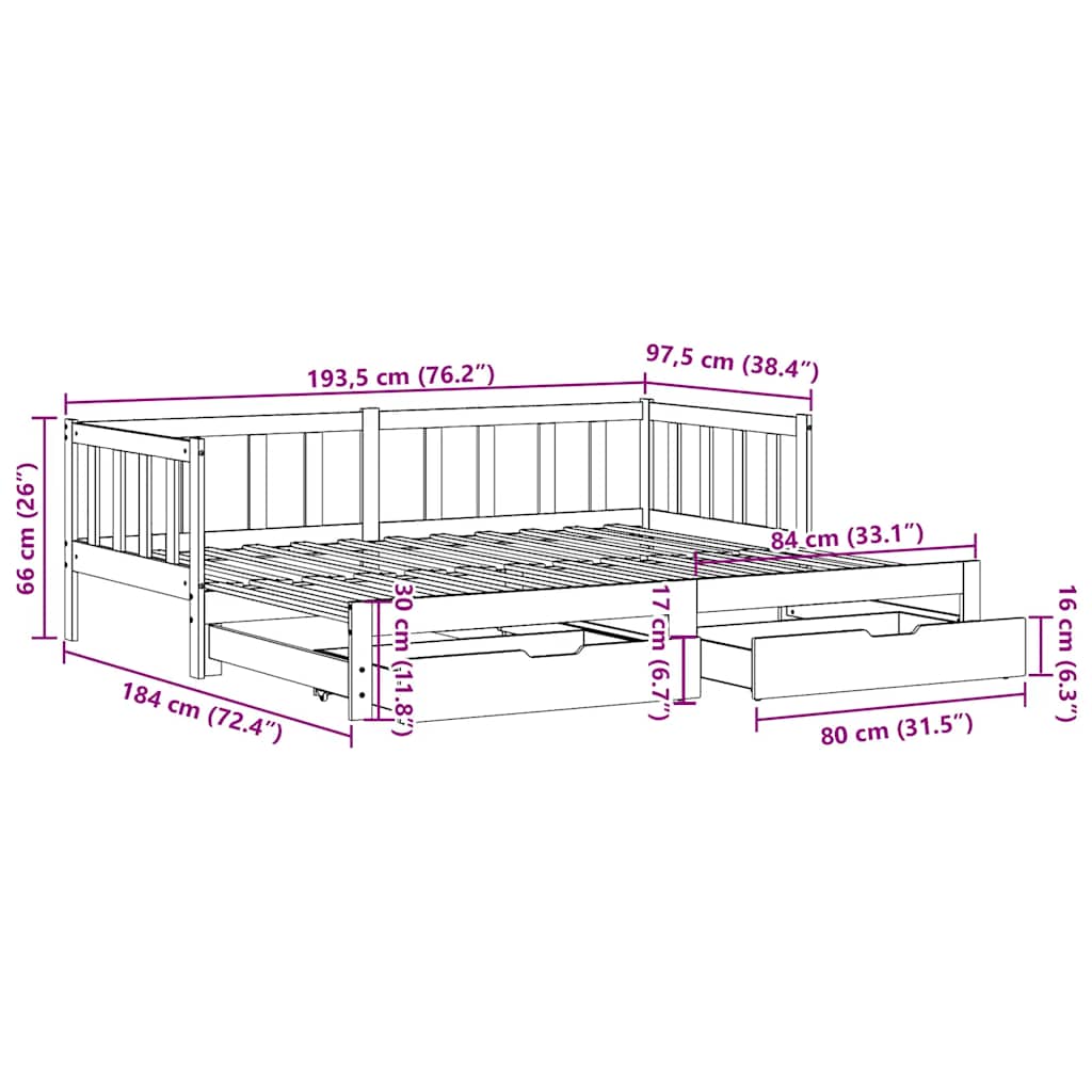 Dnevni krevet na razvlačenje s ladicama bez madraca 90 x 190 cm