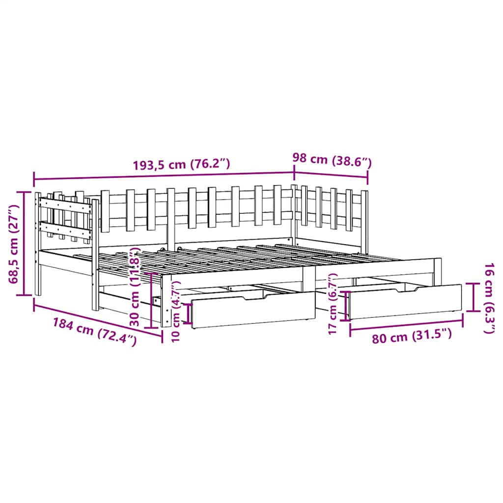 Dnevni krevet na razvlačenje s ladicama bez madraca 90 x 190 cm