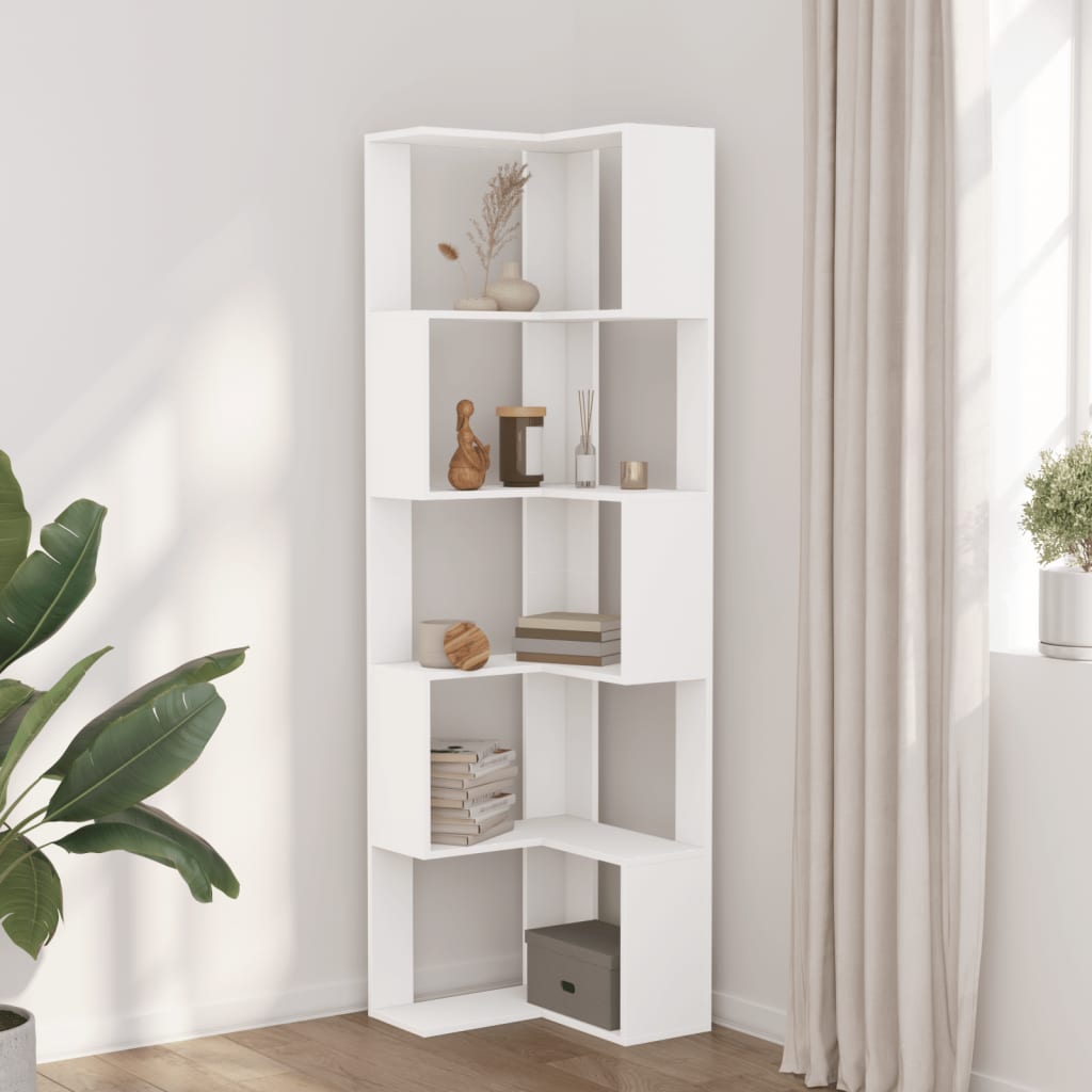 Kutni regal za knjige s 5 razine bijeli 50x50x179 cm drveni