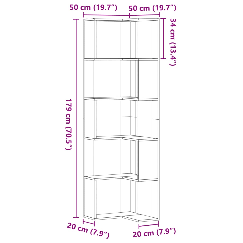 Kutni regal za knjige s 5 razine staro drvo 50x50x179 cm drveni