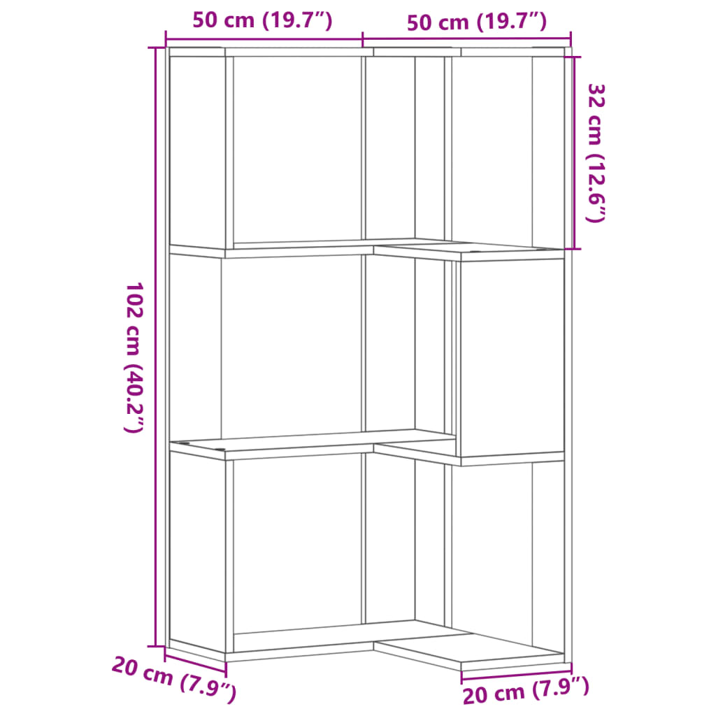 Kutni regal za knjige s 3 razine bijeli 50 x 50 x 102 cm drveni