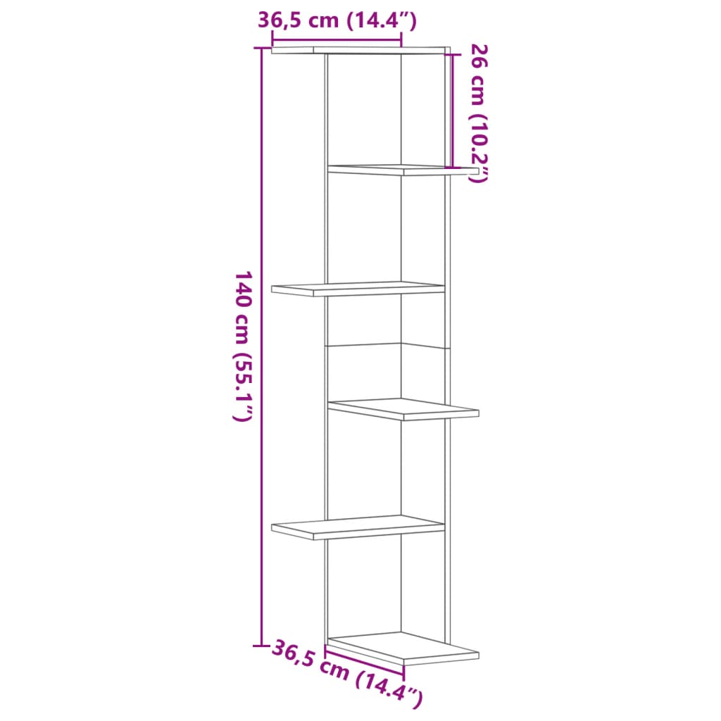 Kutna zidna polica boja drva 36,5x36,5x140 cm konstruirano drvo