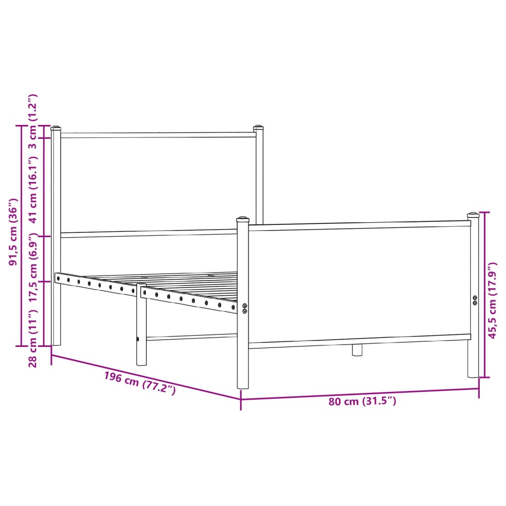 Metalni okvir kreveta bez madraca boja hrasta sonome 75x190 cm