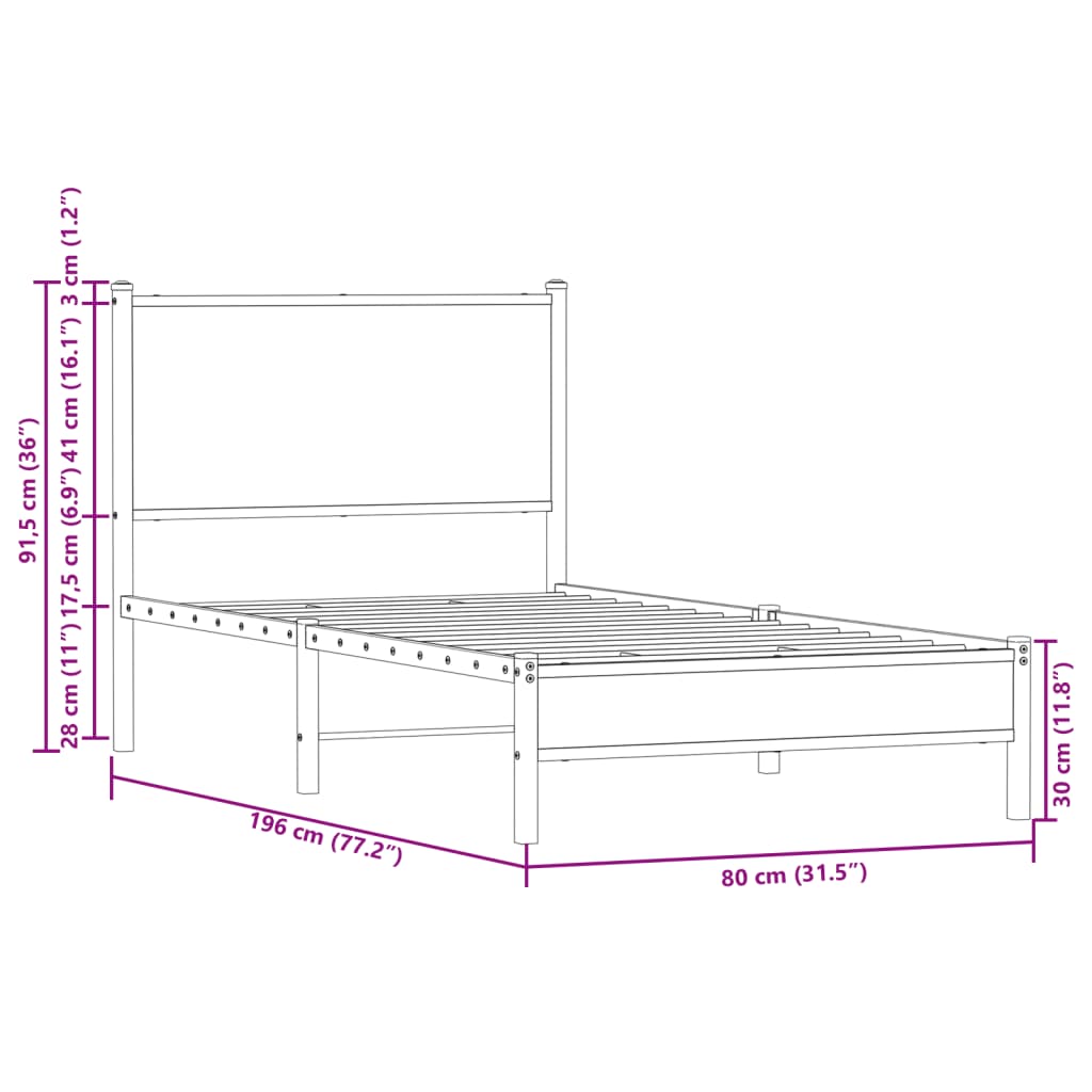 Metalni okvir kreveta bez madraca boja hrasta 75x190 cm