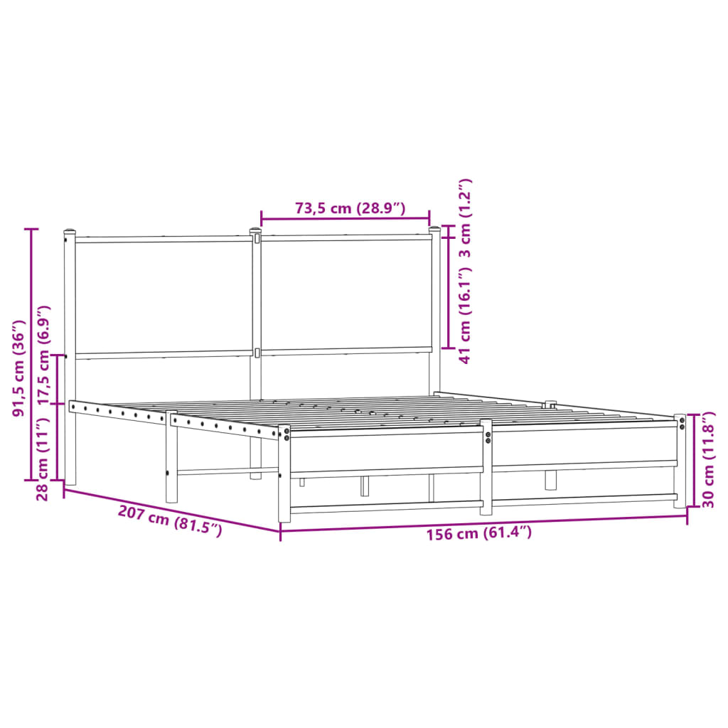 Metalni okvir kreveta bez madraca smeđa boja hrasta 150x200 cm