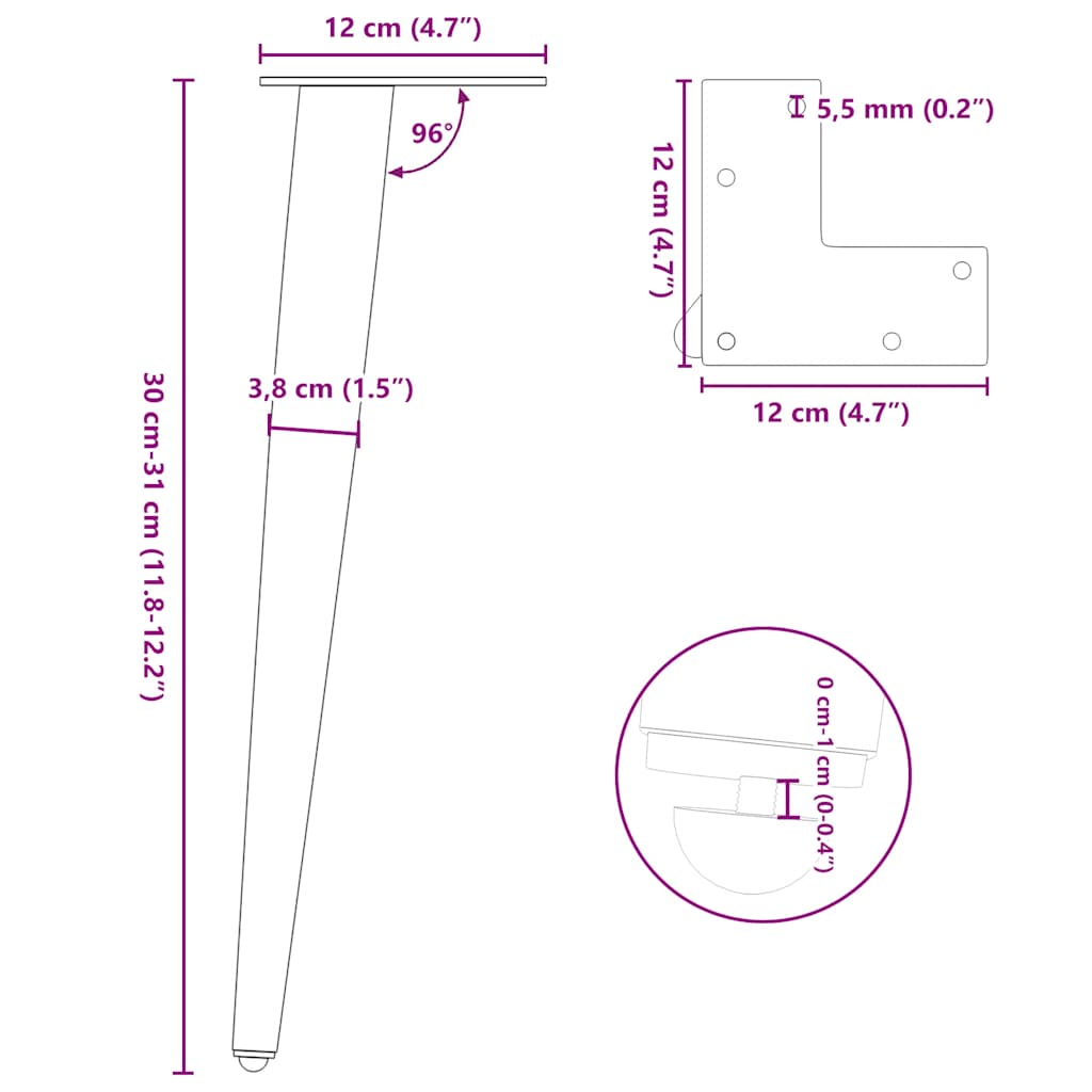 Noge za klub stolić konusnog oblika 4 kom antracit 30-31 cm čelik
