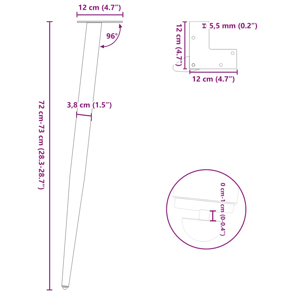 Noge za konzolni stol konusnog oblika 4 kom prirodni čelik 72-73 cm čelik