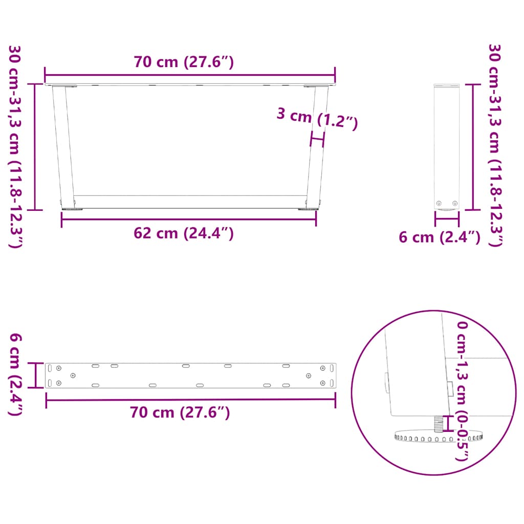 Noge za klub stolić V-oblika 2 kom Crne 70 x (30-31,3) cm Čelik