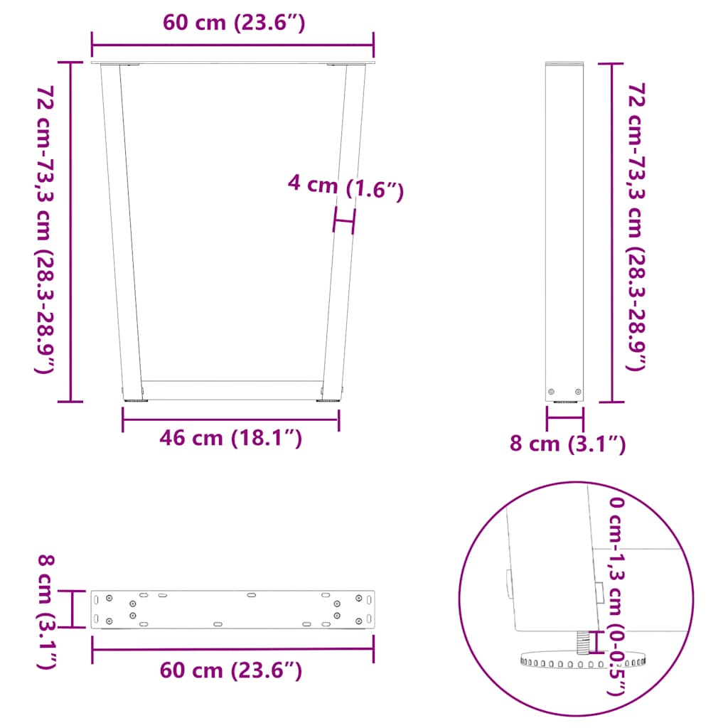 Noge za blagovaonski stol V-oblika 2 kom Crne 60 x (72-73,3) cm Čelik