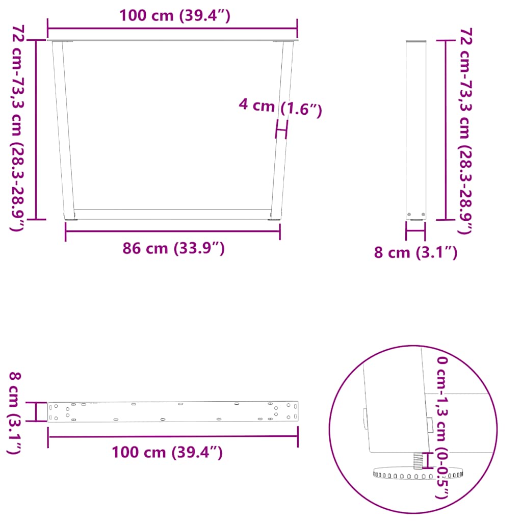 Noge za blagovaonski stol V-oblik 3 kom Prirodni čelik 100 x (72-73,3) cm Čelik