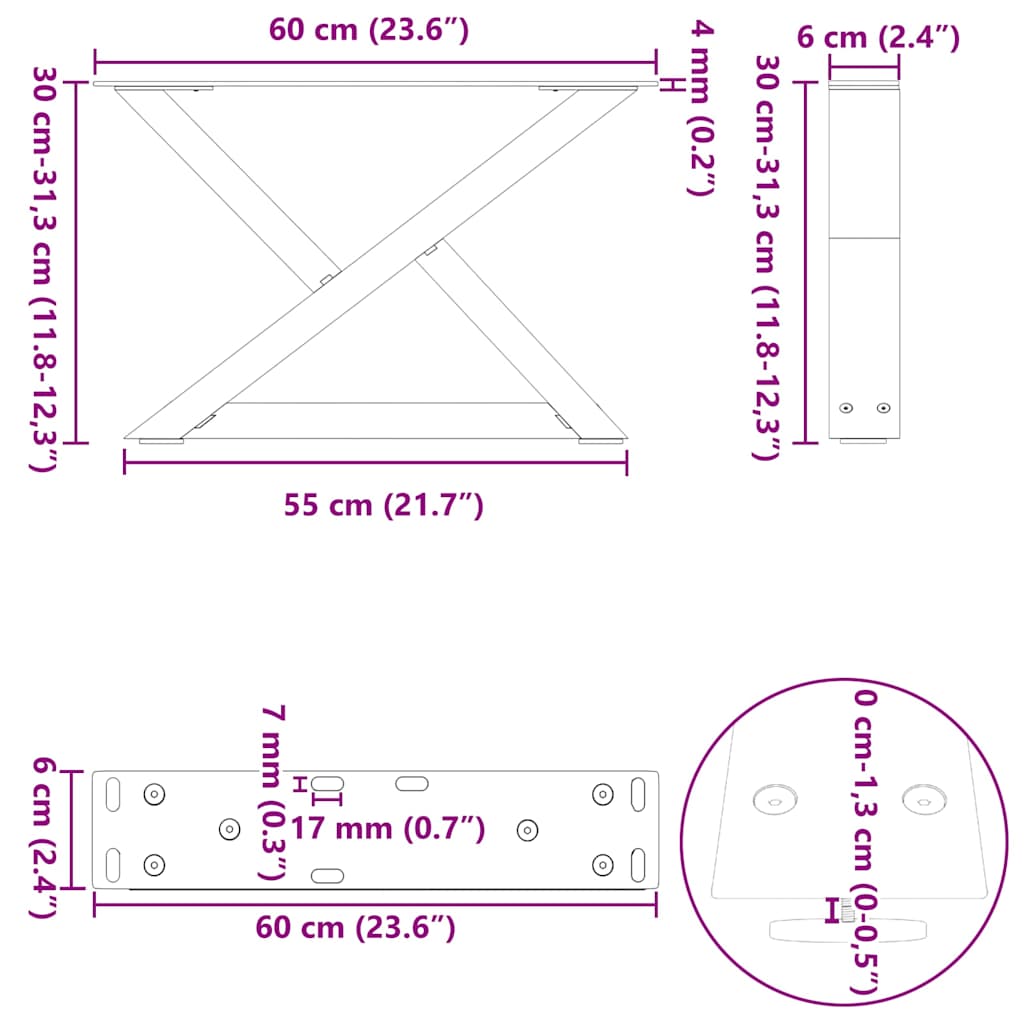 Noge za klub stolić 2 kom. antracit 60 x (30-31,3) cm čelik