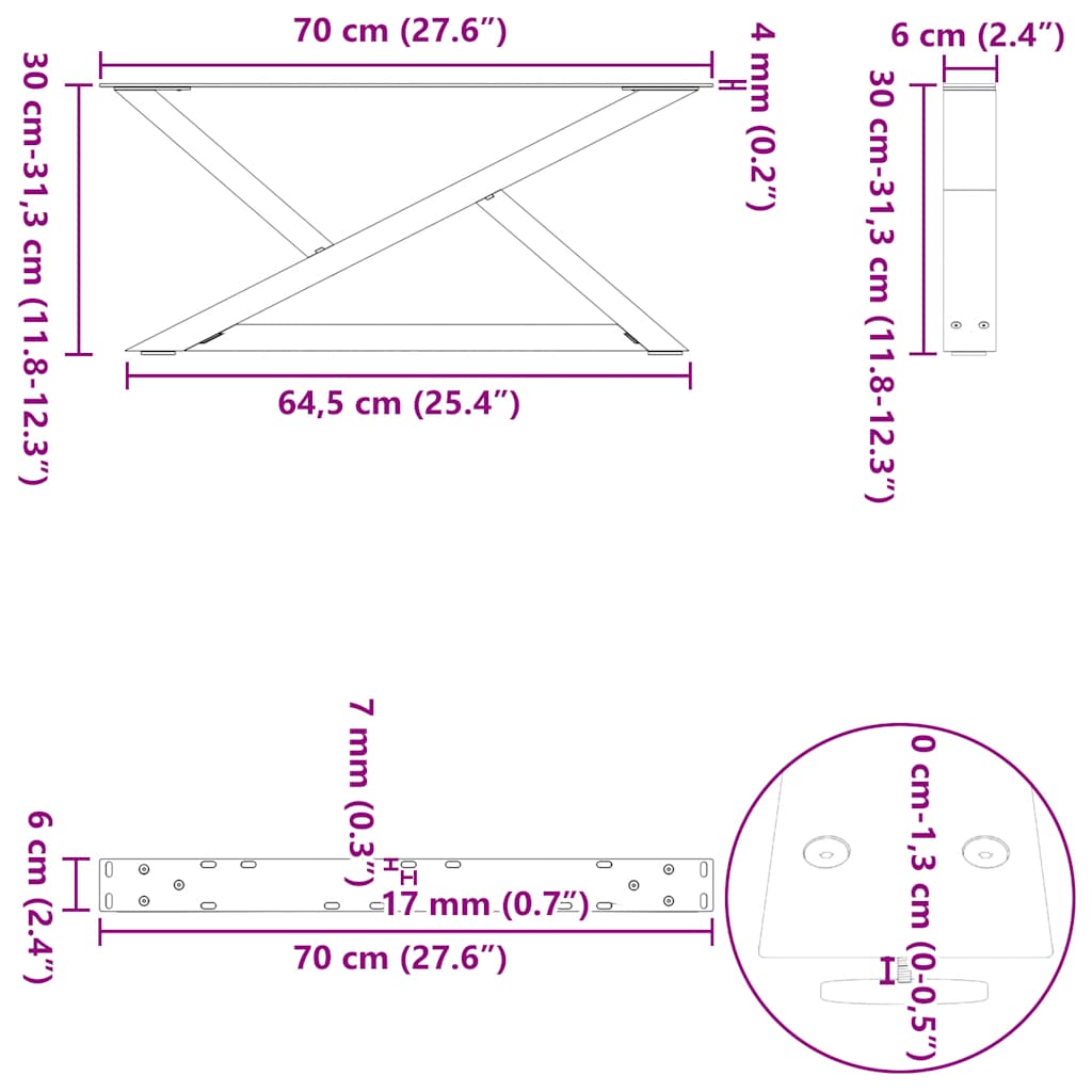 Noge za klub stolić 2 kom Crne 70 x (30-31,3) cm Čelične