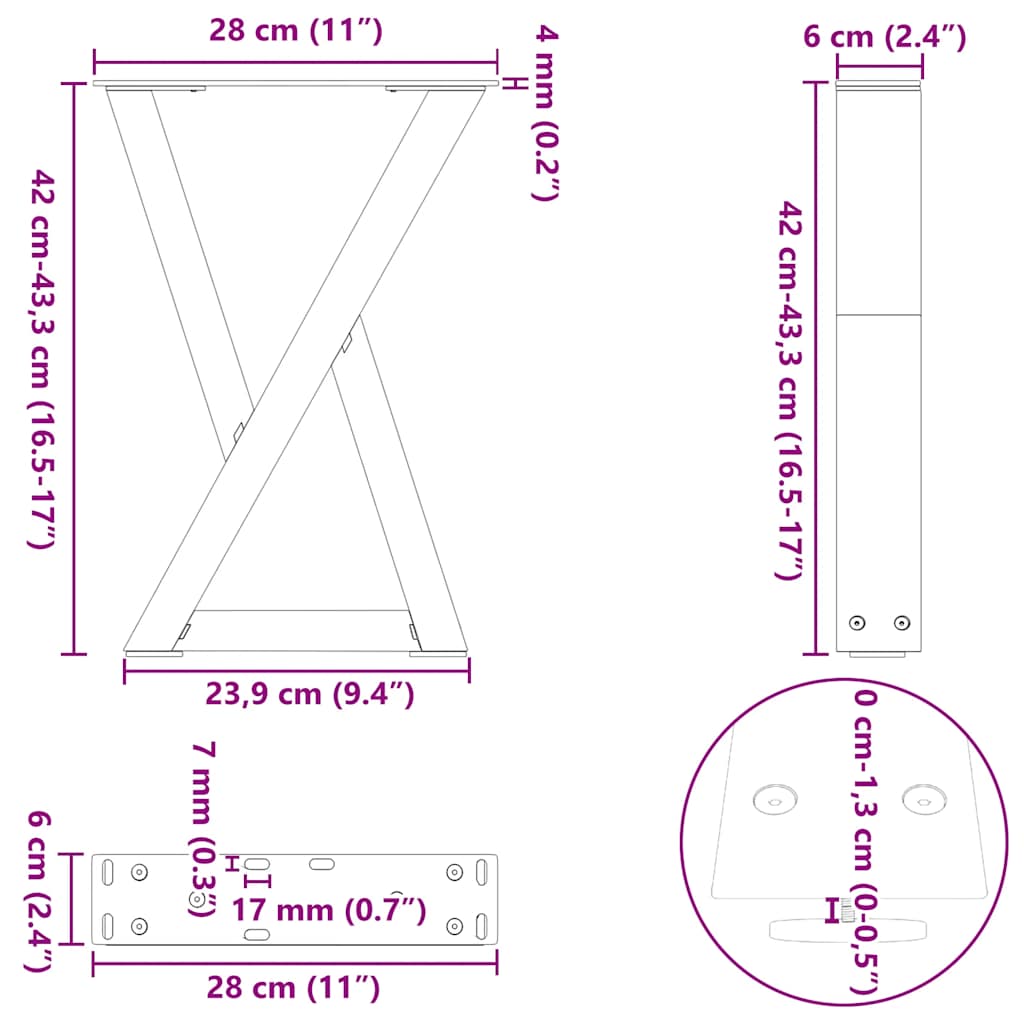 Noge za klub stolić 2 kom Crne 28 x (42-43,3) cm Čelične