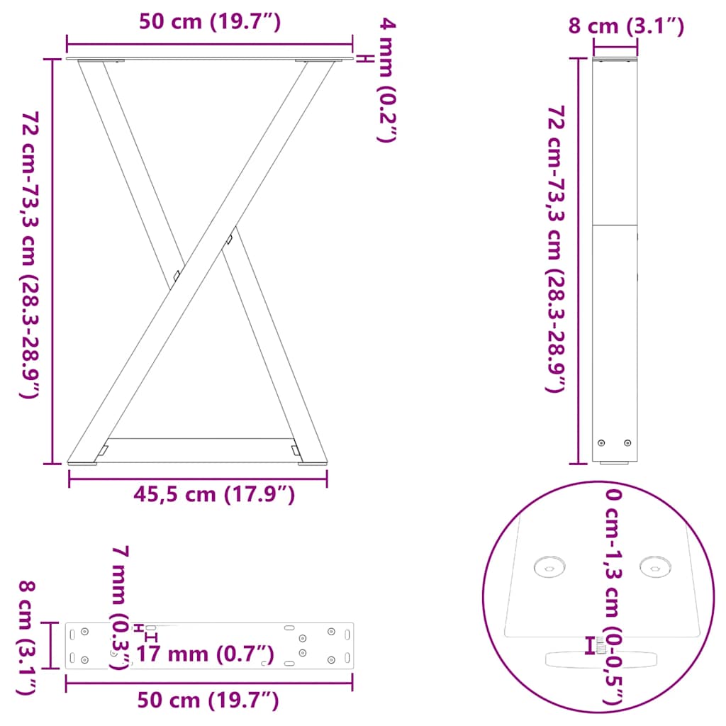 Noge za blagovaonski stol 2 kom Bijele 50 x (72-73,3) cm Čelik