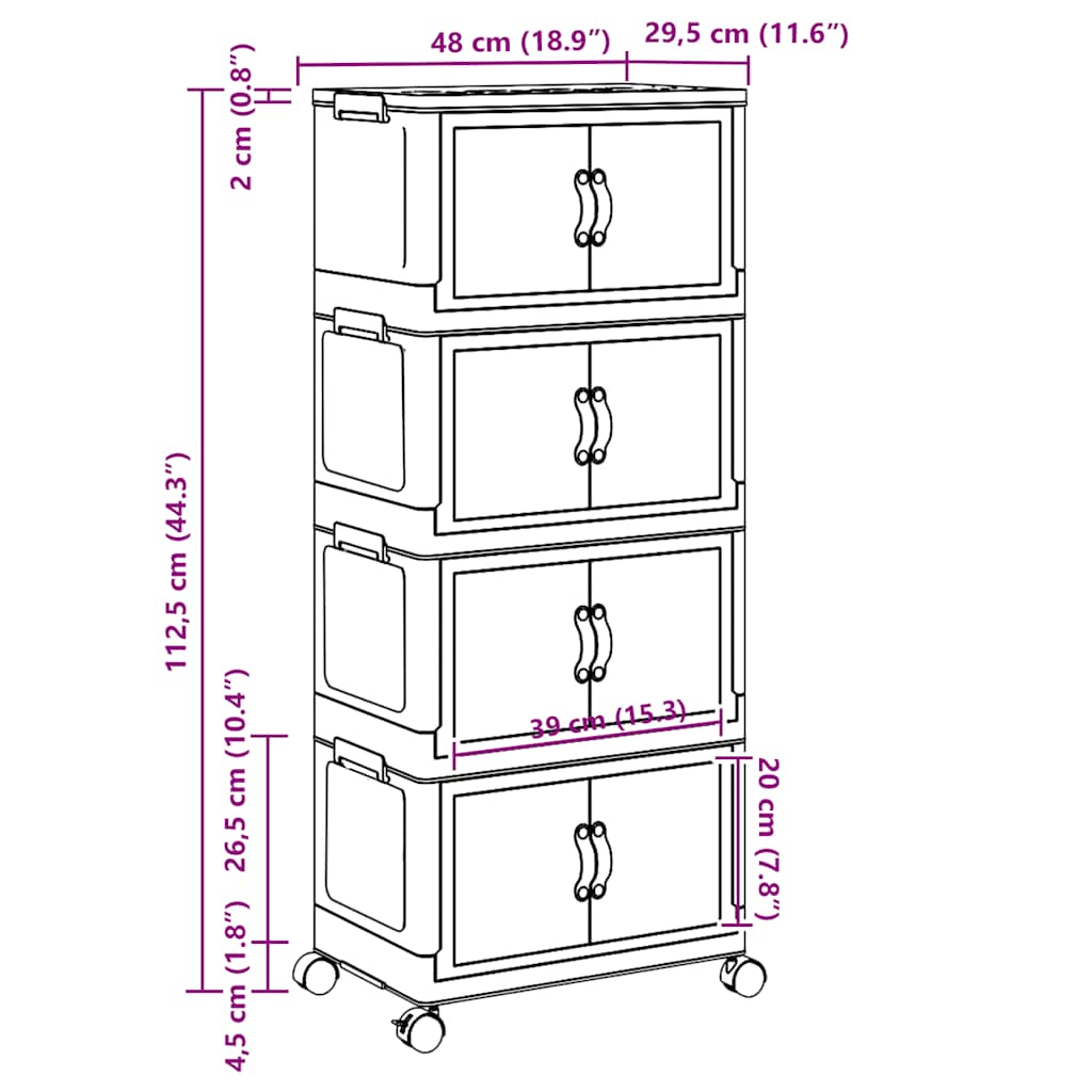 Složiva kutija za pohranu kotačima 4nivoa 28 L 48x29,5x112,5 cm