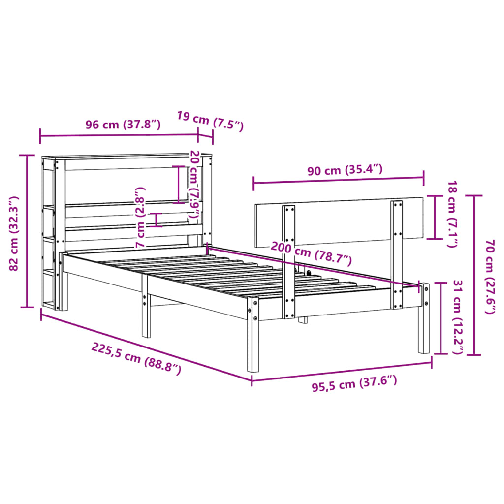 Okvir kreveta bez madraca bijeli 90 x 200 cm masivna borovina