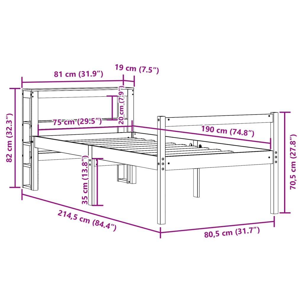 Okvir kreveta s uzglavljem voštano smeđi 75x190 cm od borovine