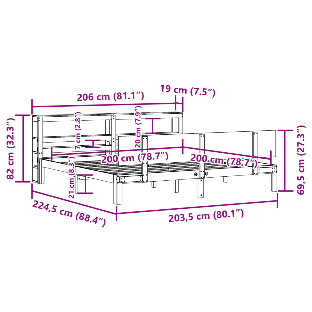 Okvir kreveta s uzglavljem 200 x 200 cm od masivne borovine