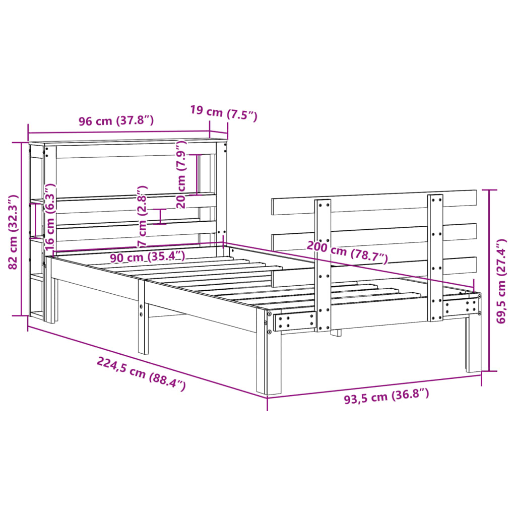 Okvir kreveta s uzglavljem 90 x 200 cm od masivne borovine