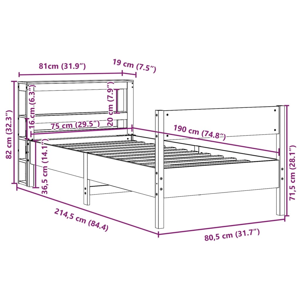 Okvir kreveta bez madraca bijeli 75 x 190 cm masivna borovina
