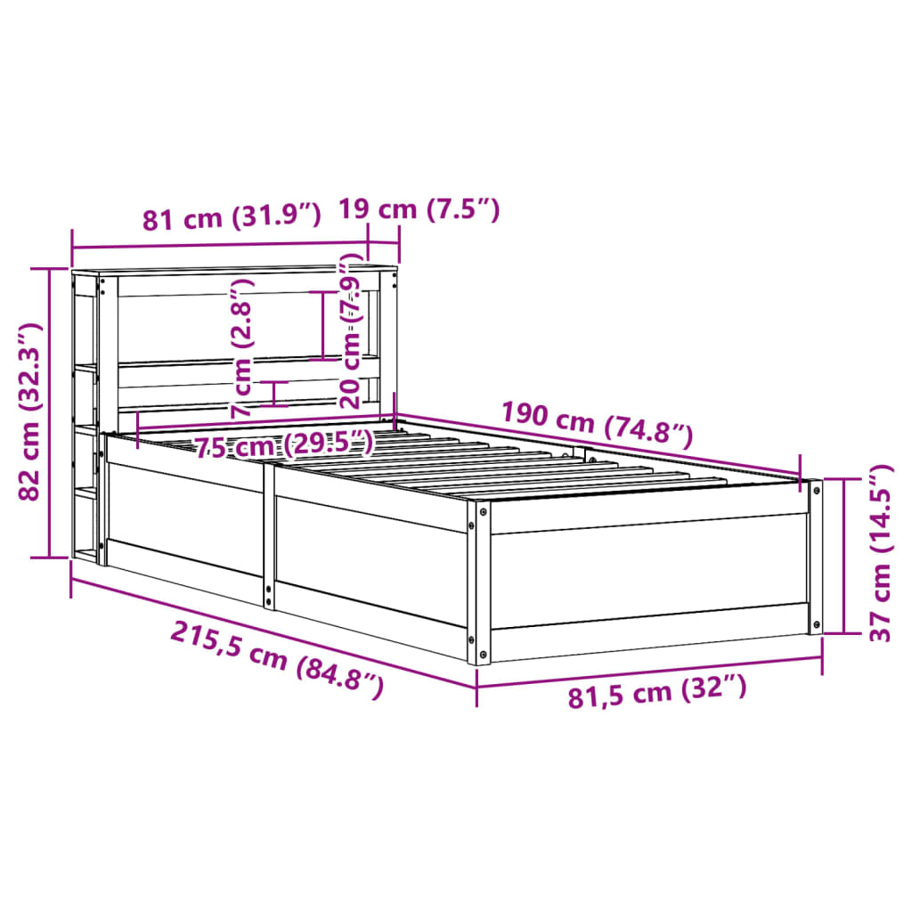 Okvir kreveta s uzglavljem 75x190 cm od borovine