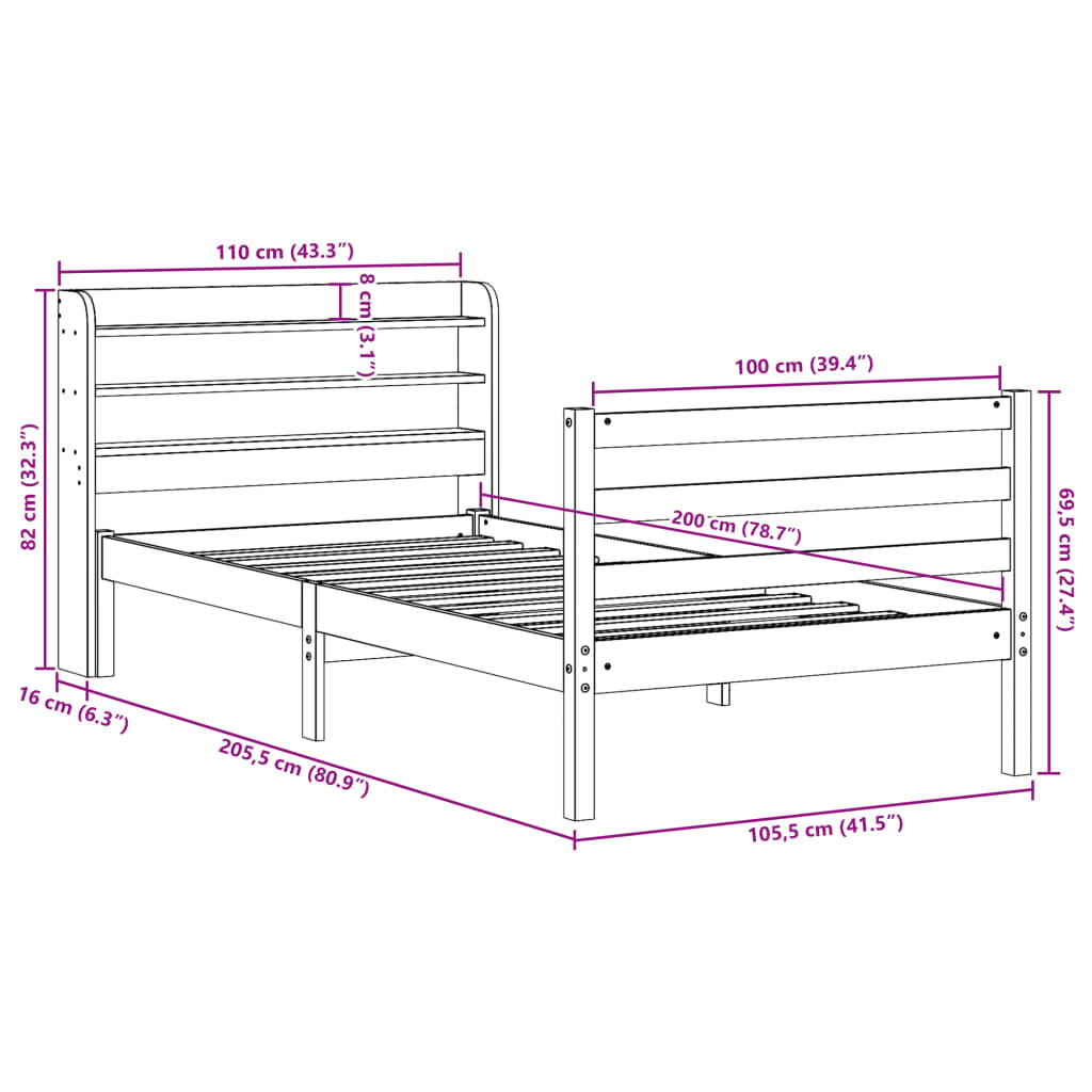 Okvir kreveta s uzglavljem 100 x 200 cm od masivne borovine