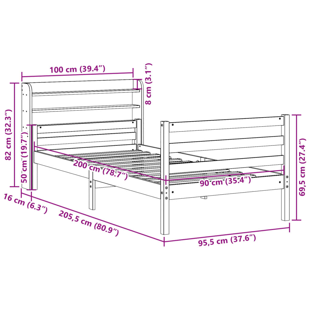Okvir kreveta s uzglavljem 90 x 200 cm od masivne borovine