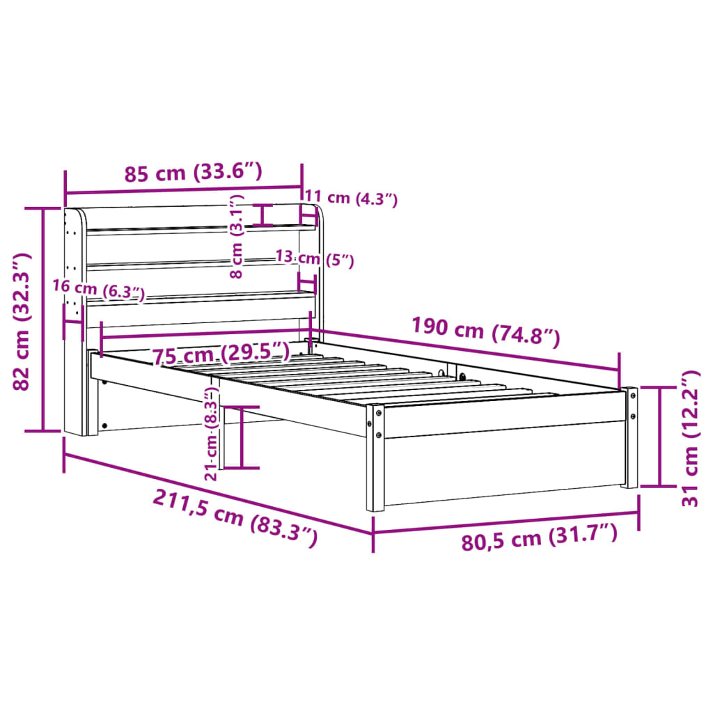 Okvir kreveta s uzglavljem bijeli 75x190 cm od borovine
