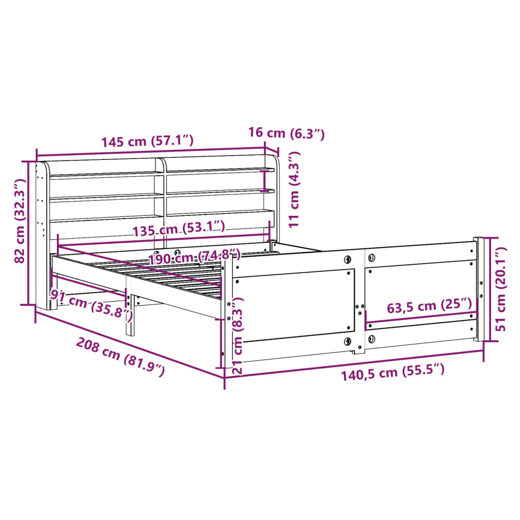 Okvir za krevet s uzglavljem 135 x 190 cm od masivne borovine