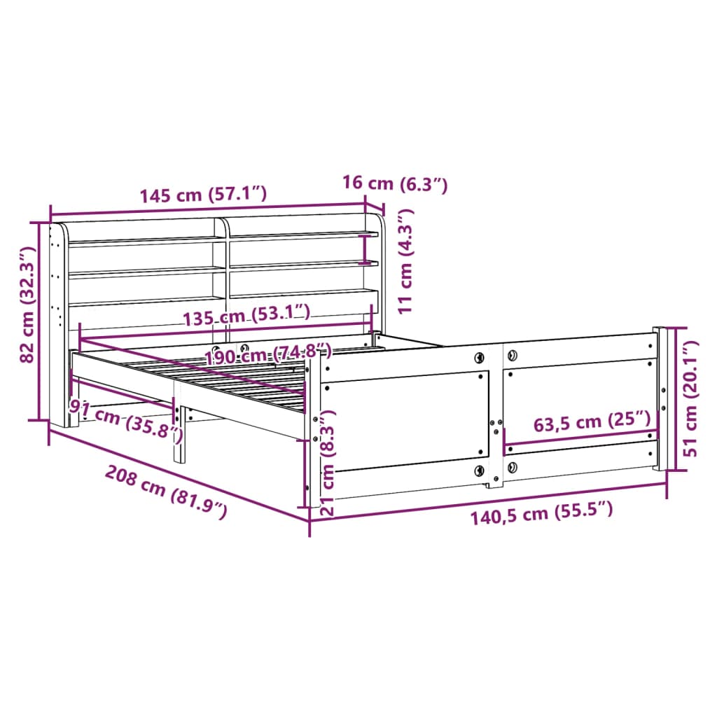 Okvir za krevet s uzglavljem bijeli 135 x 190 cm od borovine
